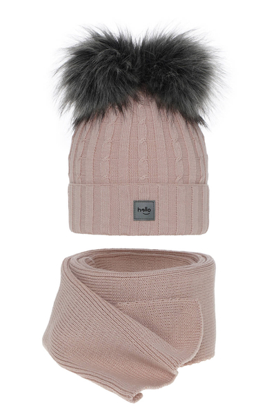 Girl's winter set: hat and scarf pink Zenda with two pompom