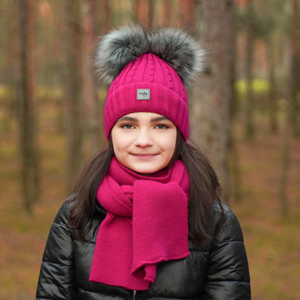 Girl's winter set: hat and scarf pink Zenda with two pompom