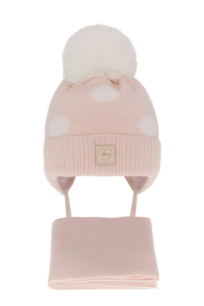 Girl's winter set: hat and scarf pink with pompom Agostina