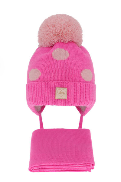 Girl's winter set: hat and scarf pink with pompom Agostina