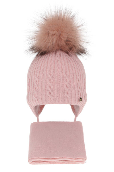 Girl's winter set: hat and scarf pink with pompom Amana