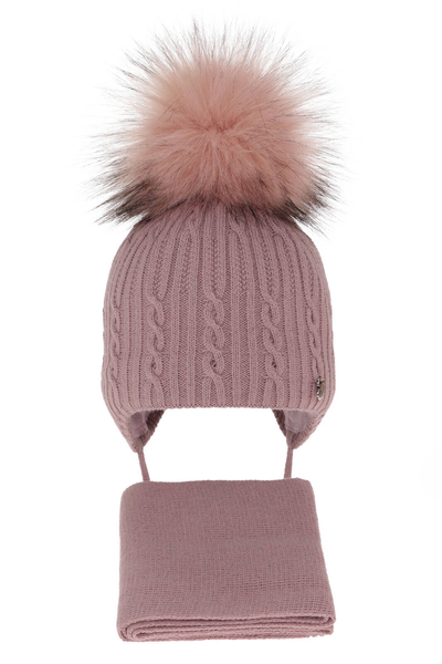 Girl's winter set: hat and scarf pink with pompom Amana