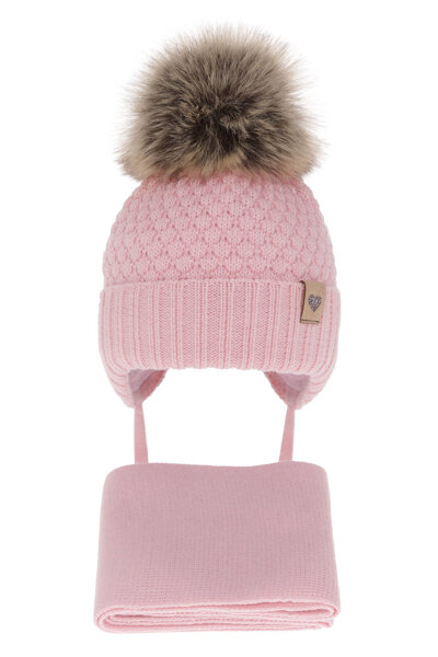 Girls winter set hat and scarf pink with pompom Bianca