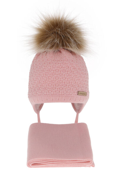 Girls winter set hat and scarf pink with pompom Clotilde