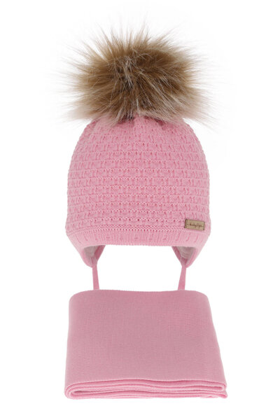 Girls winter set hat and scarf pink with pompom Clotilde