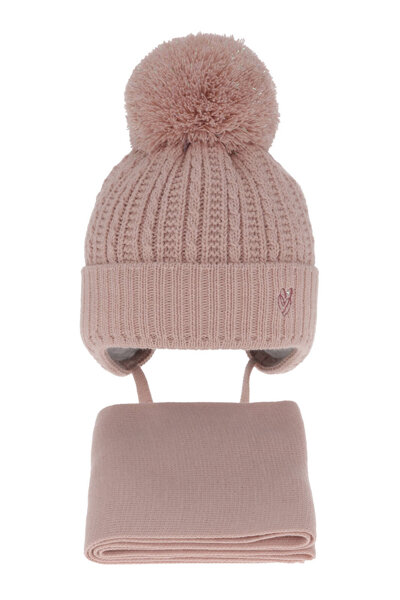 Girl's winter set: hat and scarf pink with pompom Marisa