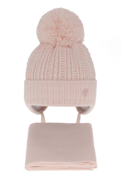 Girl's winter set: hat and scarf pink with pompom Marisa