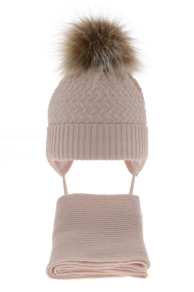 Girl's winter set: hat and scarf pink with pompom Zelta