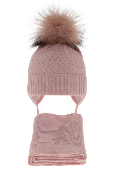 Girl's winter set: hat and scarf pink with pompom Zelta