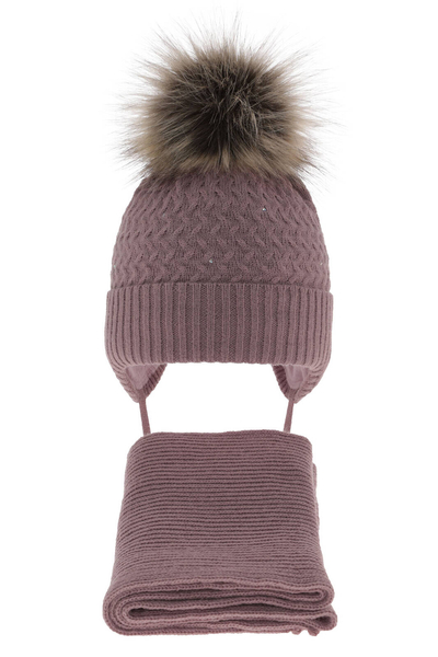 Girl's winter set: hat and scarf pink with pompom Zelta