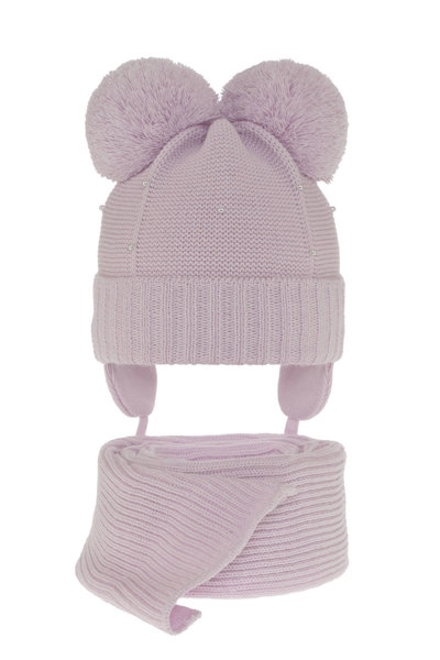 Girl's winter set: hat and scarf violet Fibien with two pompom