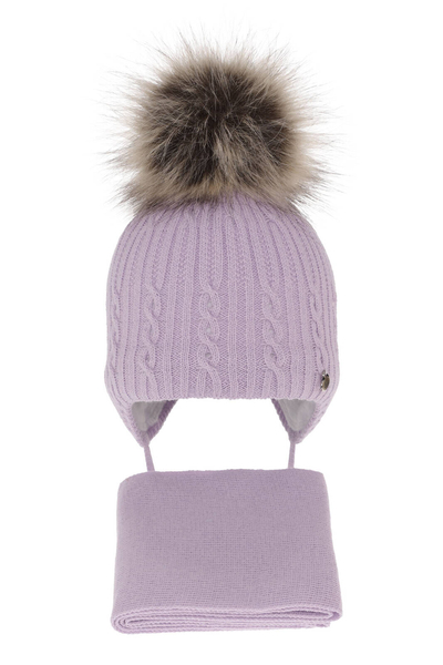 Girl's winter set: hat and scarf violet with pompom Amana