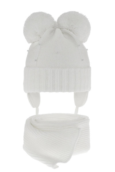 Girl's winter set: hat and scarf white Fibien with two pompom								