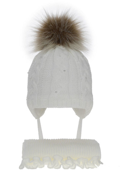 Girl's winter set: hat and scarf white Mirella with pompom