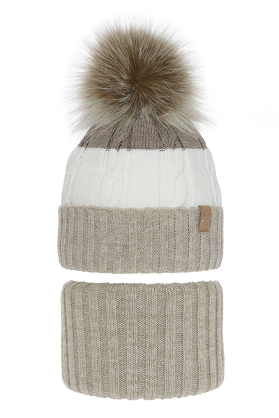 Girl's winter set: hat and tube scarf beige Karmelita with pompom