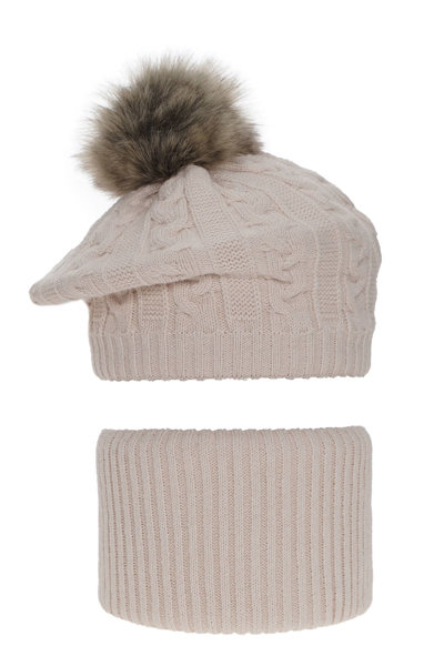 Girl's winter set: hat and tube scarf beige Koffi with pompom