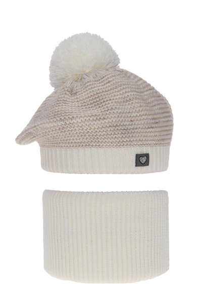 Girl's winter set: hat and tube scarf beige Lira with pompom