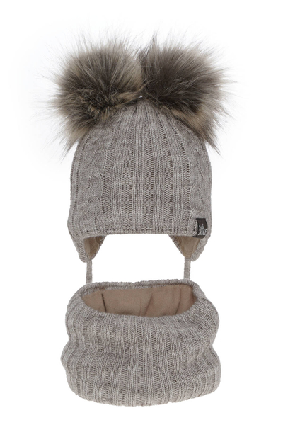 Girl's winter set: hat and tube scarf beige Marlen with two pompom