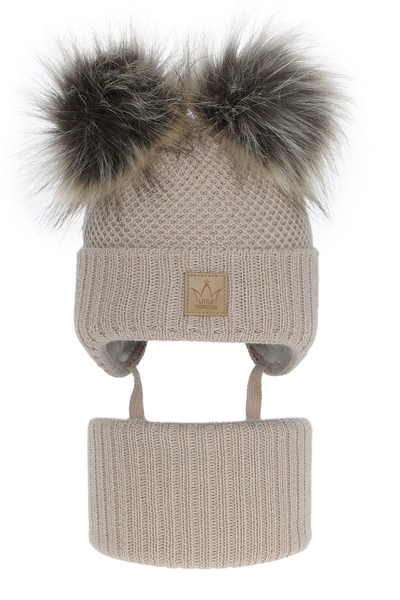 Girl's winter set: hat and tube scarf beige Minsi with two pompom