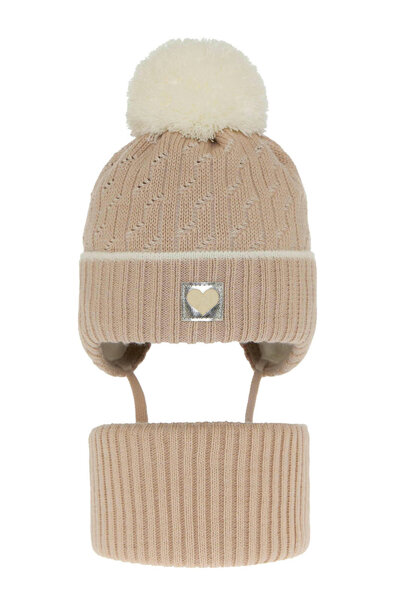 Girl's winter set: hat and tube scarf beige Natka with pompom