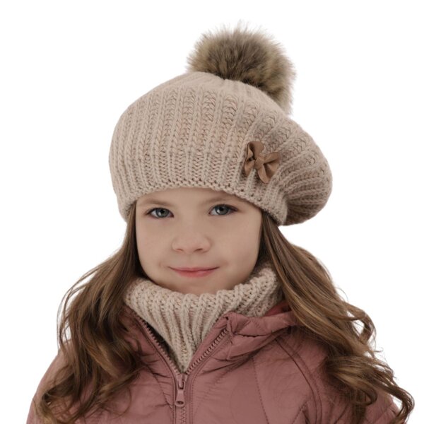 Girl's winter set: hat and tube scarf beige Polinezja with pompom