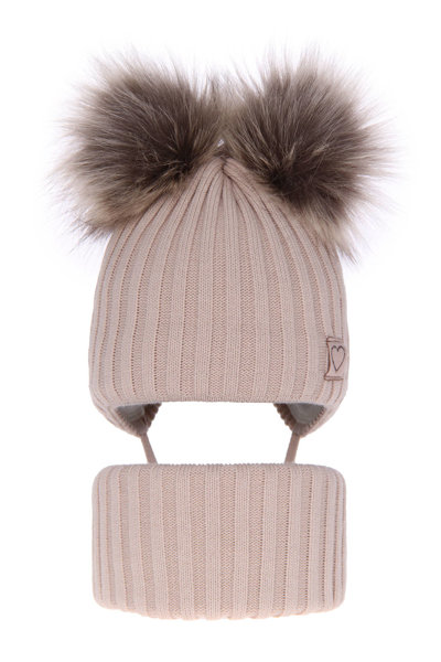 Girl's winter set: hat and tube scarf beige Telisa with two pompom