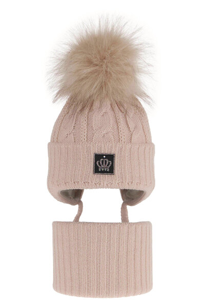 Girl's winter set: hat and tube scarf beige Tigra with pompom