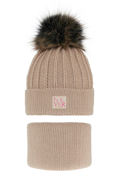 Girl's winter set: hat and tube scarf beige Tulia with pompom