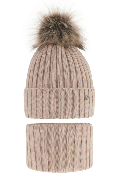 Girl's winter set: hat and tube scarf beige Wilma with pompom