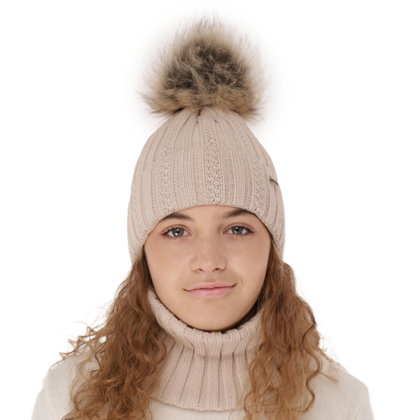 Girl's winter set: hat and tube scarf beige Wirginia with pompom