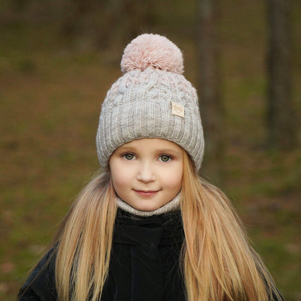 Girl's winter set: hat and tube scarf beige Zendaya with pompom