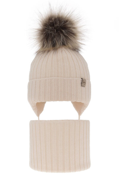 Girl's winter set: hat and tube scarf beige made of 100% extra fine merino wool Junika