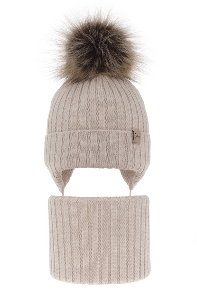 Girl's winter set: hat and tube scarf beige made of 100% extra fine merino wool Junika