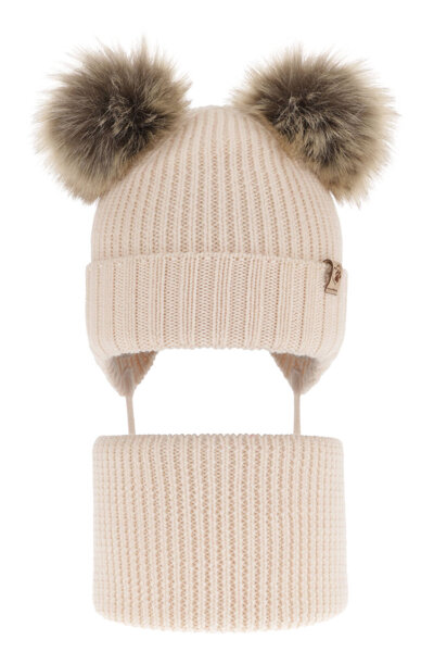 Girl's winter set: hat and tube scarf beige made of 100% extra fine merino wool Silvia