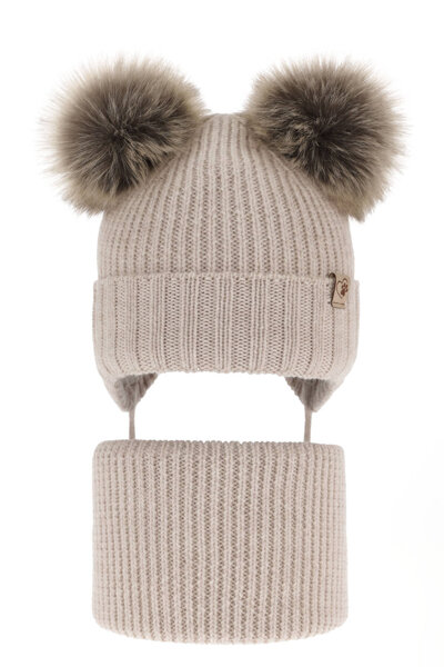 Girl's winter set: hat and tube scarf beige made of 100% extra fine merino wool Silvia