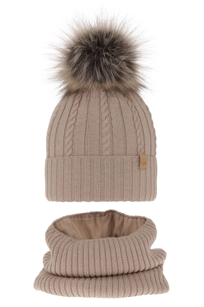 Girl's winter set: hat and tube scarf beige merino wool Mirabel