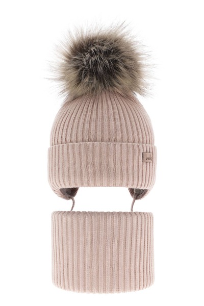 Girl's winter set: hat and tube scarf beige with pompom Bria