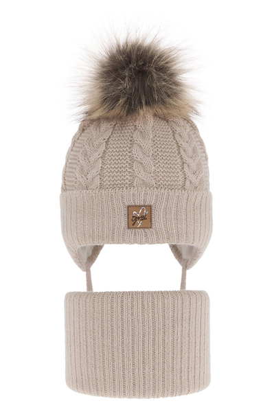 Girl's winter set: hat and tube scarf beige with pompom Finess