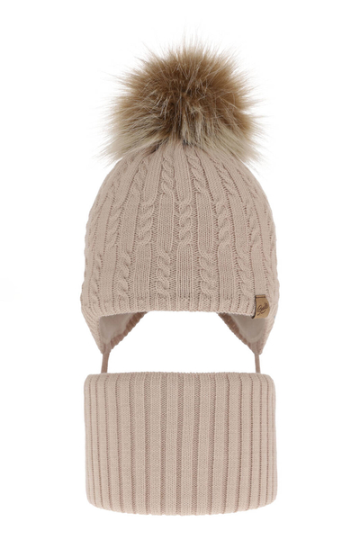 Girl's winter set: hat and tube scarf beige with pompom Loreley