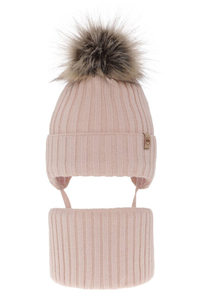 Girl's winter set: hat and tube scarf beige with pompom Louisa