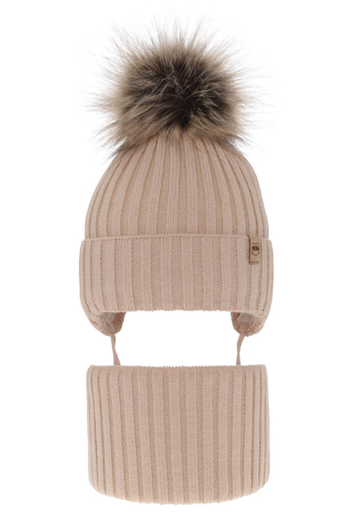 Girl's winter set: hat and tube scarf beige with pompom Louisa