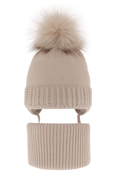 Girl's winter set: hat and tube scarf beige with pompom Renia