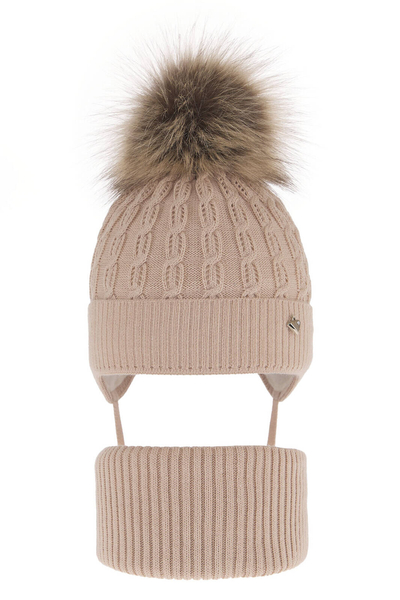 Girl's winter set: hat and tube scarf beige with pompom Tukana 