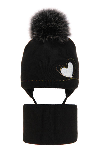 Girl's winter set: hat and tube scarf black Anna with pompom