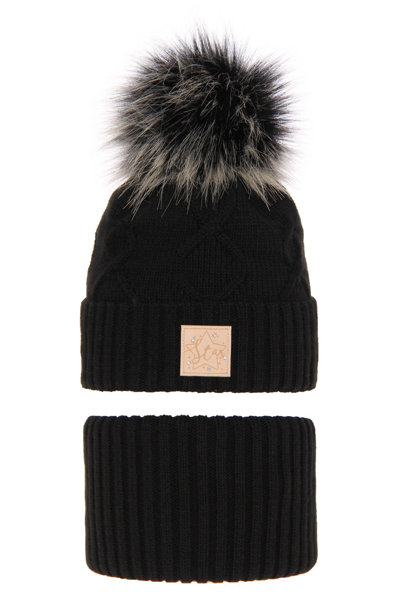 Girl's winter set: hat and tube scarf black Dina with pompom