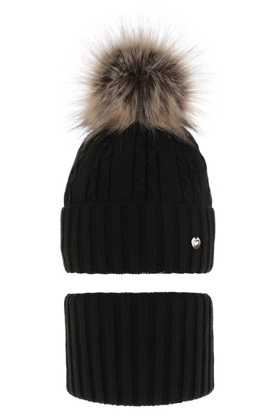 Girl's winter set: hat and tube scarf black Felia with pompom