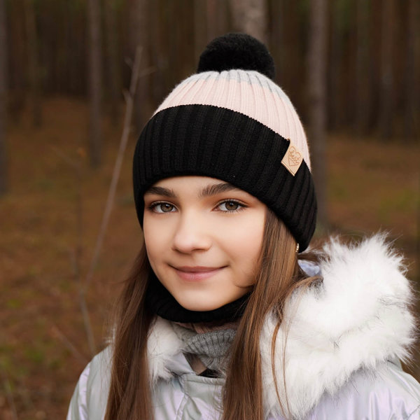 Girl's winter set: hat and tube scarf black Indiana with pompom