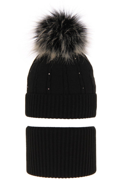 Girl's winter set: hat and tube scarf black Lawa with pompom