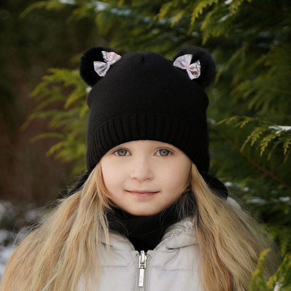 Girl's winter set: hat and tube scarf black Lilo with two pompom