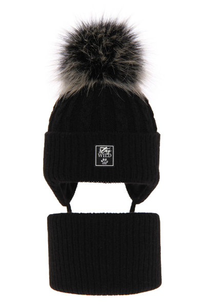 Girl's winter set: hat and tube scarf black Melodia with pompom